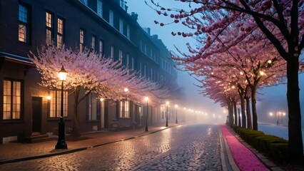 A serene cobblestone street lined with cherry blossoms and vintage streetlights, shrouded in mist during the night. Perfect for romantic scenes, cityscapes, and tranquil urban settings.