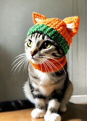 A cute cat dressed up wearing a knit Yoshi hat