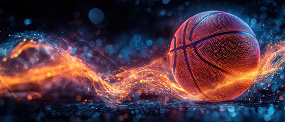 Fototapeta premium Sport background, Intense close-up of a basketball surrounded by glowing neon energy waves on a dark backdrop, highlighting the basketball's texture and the luminous aura that
