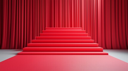 Elegant red carpet steps leading to a stage surrounded by flowing curtains