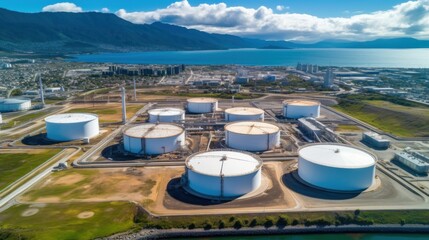 Obraz premium Aerial View of Oil Storage Tanks near a Coastal City