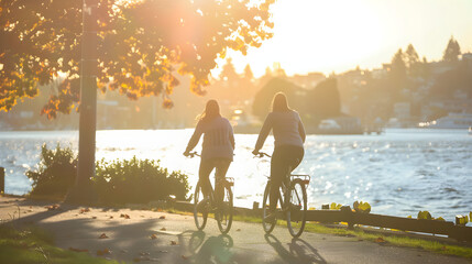 Two couples riding bikes on a sunny day, enjoying leisurely time together in nature.