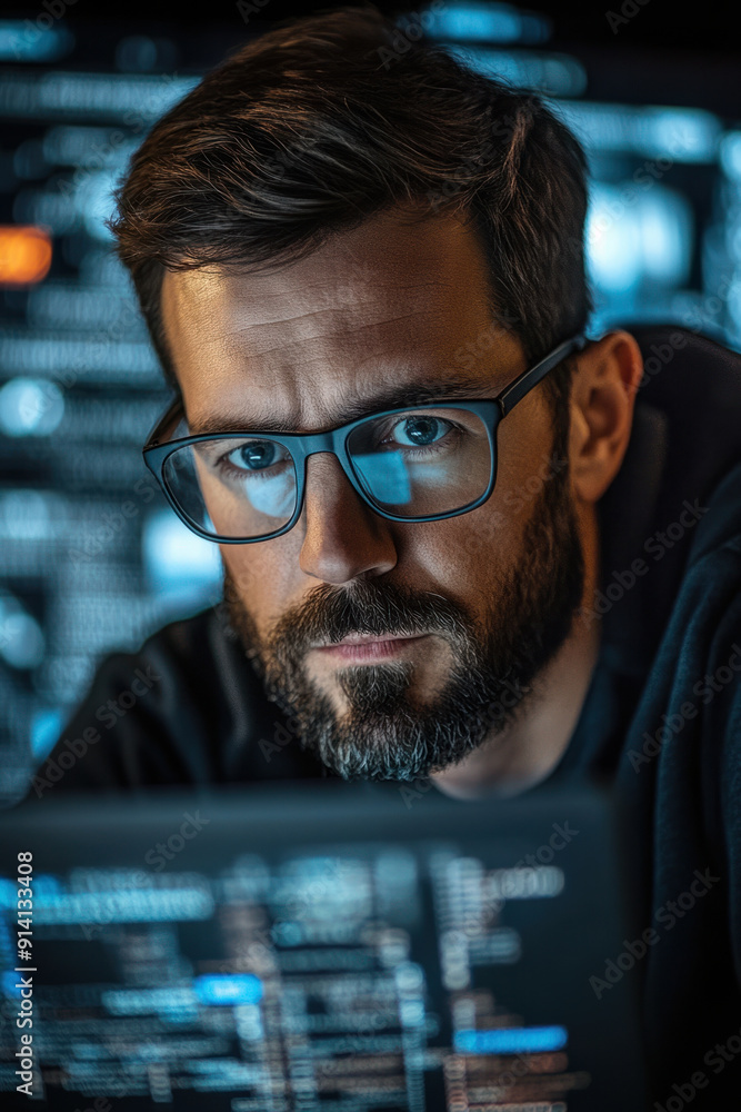 Poster ethical hacker, a skilled ethical hacker in a modern office engrossed in cybersecurity work, typing 