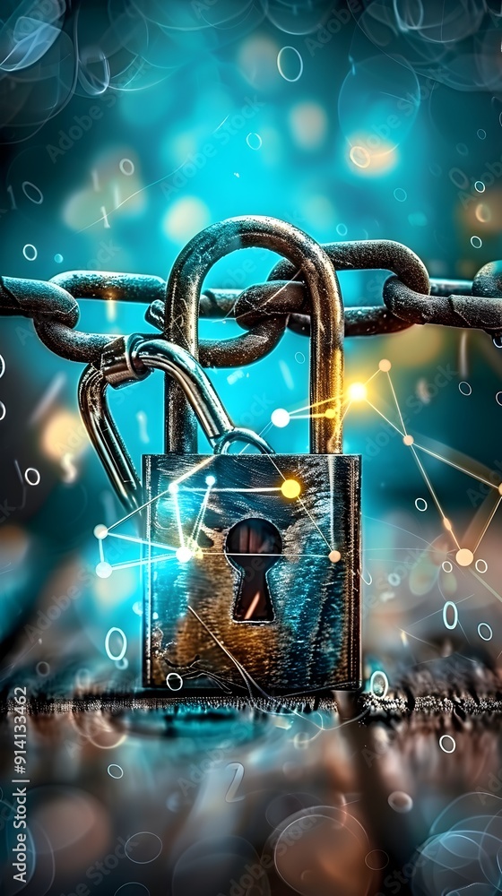 Poster cyber security concept locked padlock with network connection.