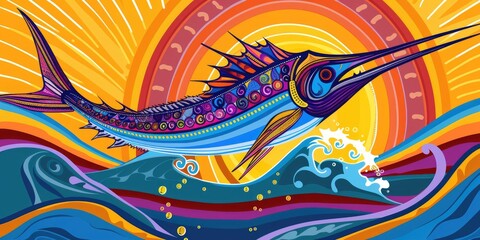 Obraz premium Abstract colorful marlin leaping through waves.