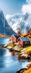 Fototapeta premium Red Cabins by the Fjord in Norway.