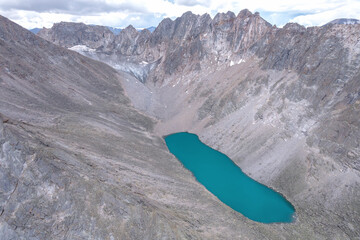 mountains lake glacier aerial view drone
