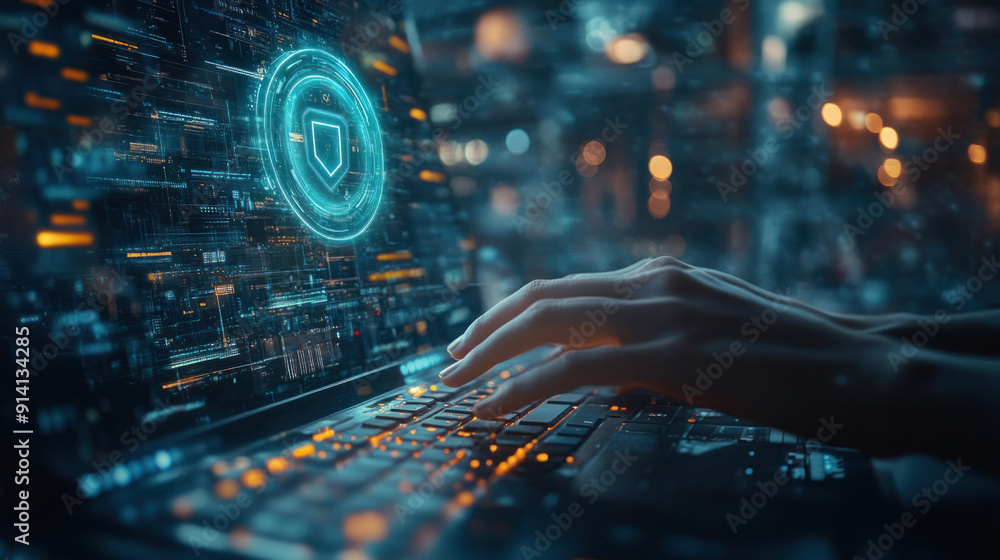 Aufkleber endpoint security training, hands actively typing on a minimalist keyboard, surrounded by a high-tec