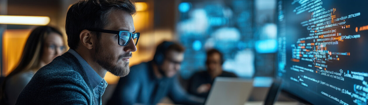 Ethical hacking,  A diverse team of ethical hackers collaborating in a bright conference room, discussing security strategies while viewing a large screen that shows a firewall