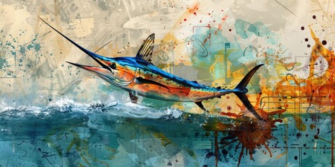 Abstract painting of a marlin leaping from water.