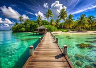 Sophisticated tropical getaway featuring a serene wooden pier stretching over crystal-clear turquoise waters, surrounded by lush greenery and powdery white sand beach paradise.