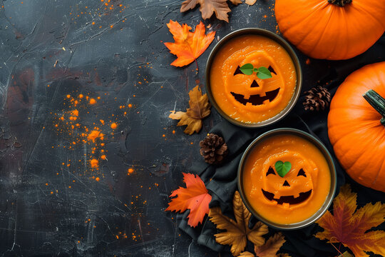 Pumpkin soup. Pumpkin cream soup with halloween decor.