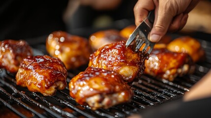 Juicy chicken thighs are being expertly grilled with a rich barbecue glaze at a friendly evening gathering.