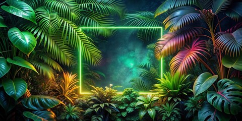 Vibrant neon frame template glowing amidst lush tropical jungle foliage with exotic green leaves, vines, and flowers in a mystical and surreal atmosphere.