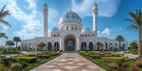 Fototapeta premium White Mosque with Blue Domes and Lush Landscaping