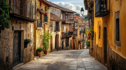 Fototapeta premium A charming street in a historic Spanish town, with traditional architecture and space for a cultural message.