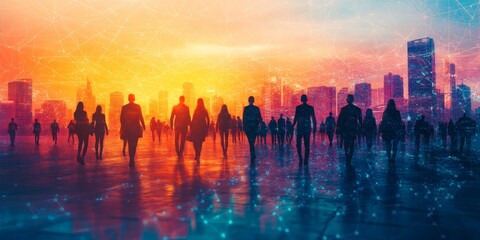 Global Business Network: Creative Visualization of Interconnected Multinational Professionals. Wide-Angle Concept for Banners and Advertising, Featuring Elite Team Silhouettes. High-Tech Blue 4K Wallp