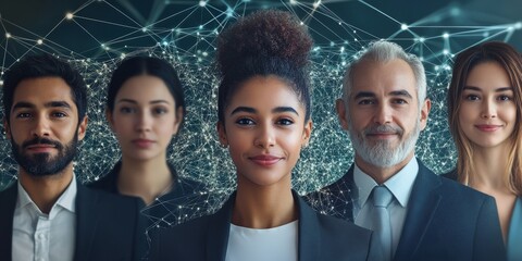 Global Business Network: Creative Visualization of Interconnected Multinational Professionals. Wide-Angle Concept for Banners and Advertising, Featuring Elite Team Silhouettes. High-Tech Blue 4K Wallp