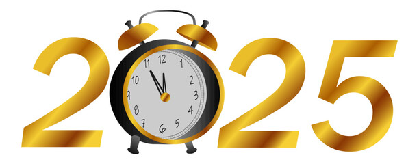 Happy New Year 2025. Background design. Golden numbers and vintage clock. Greeting cards, banners, posters. Vector illustration.