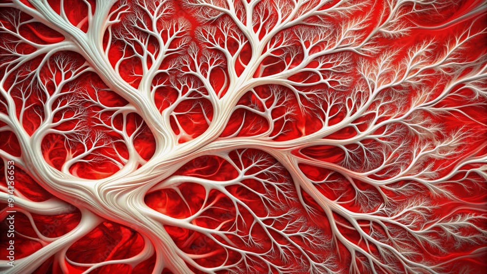 Poster vibrant red and white abstract composition featuring fluid, organic branching patterns that evoke a 