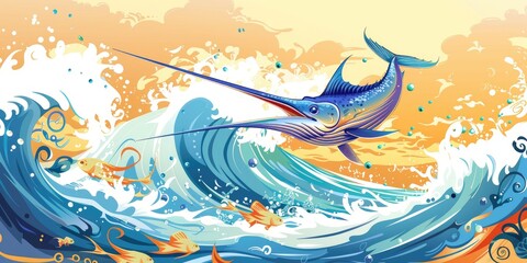 A blue marlin leaps out of a blue wave.