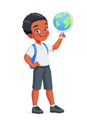 Smiling African American school boy holding a globe. Cartoon vector isolated illustration.