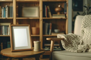 A cozy reading nook with a wooden photo frame on a small side table