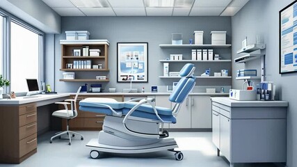 A well-lit dental clinic featuring a modern treatment chair, organized shelves filled with supplies, and a tidy workspace for efficient patient care