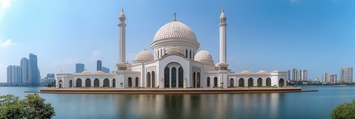 Fototapeta premium White Mosque with Golden Domes on an Island in a Lake
