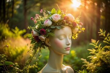 Delicate flower crown rests on a velvet mannequin head, surrounded by lush greenery and soft morning light, evoking a whimsical and romantic atmosphere.
