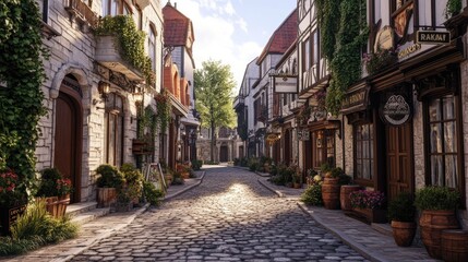 Fototapeta premium A cobblestone street in a quaint European village, with charming buildings and a central space for a travel message.