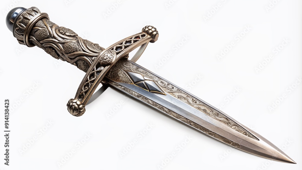 Wall mural Sharp silver dagger with intricate design and ornate hilt stands upright on a transparent background, its pointed tip and serrated edge gleaming in the light.