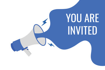 you are invited button, banner, label, template for website. you are invited text with colorful megaphone icon
