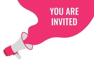 you are invited button, banner, label, template for website. you are invited text with colorful megaphone icon
