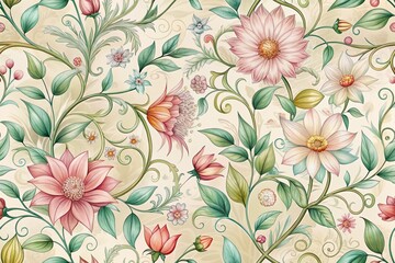 Delicate hand-drawn floral pattern featuring blooming flowers, swirling vines, and intricate leaves in soft pastel hues, perfect for elegant design and decoration projects.
