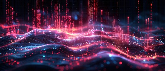 Obraz premium A vibrant, digital landscape with glowing pink and blue light waves and particles in a futuristic, abstract design background.