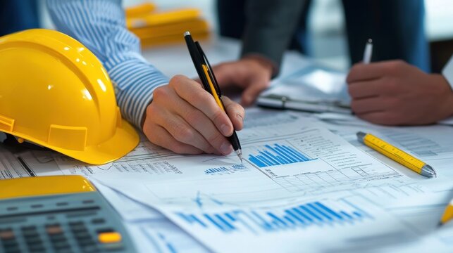Generate a photo realistic image of a construction project team conducting a review of financial strategies, with detailed budgeting charts and strategy documents