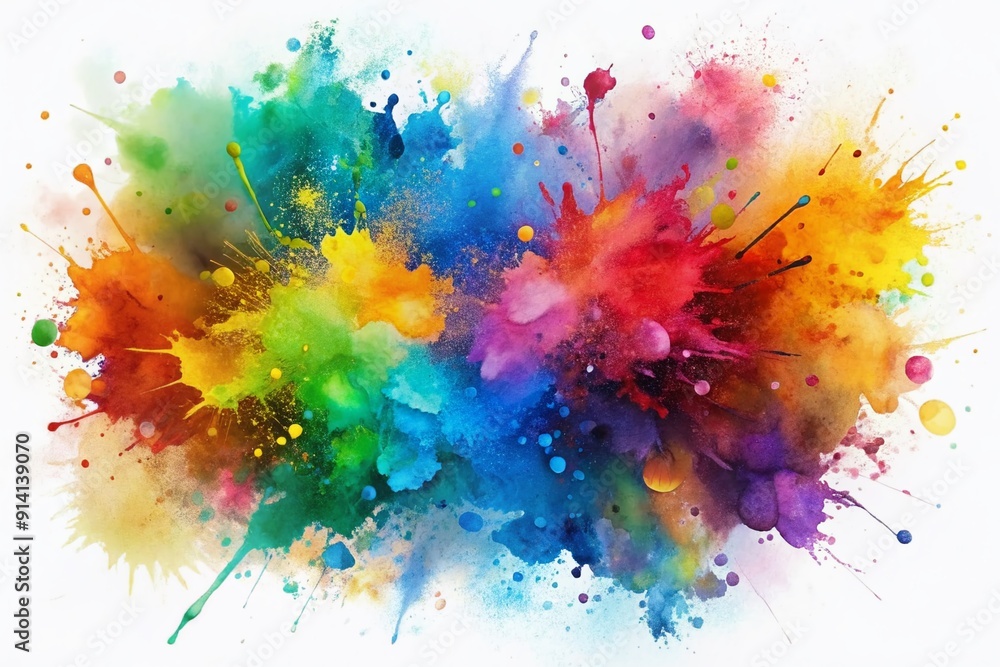 Poster vibrant watercolor splashes dance across a pristine white background, creating a mesmerizing abstrac