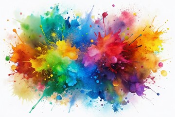 Obraz premium Vibrant watercolor splashes dance across a pristine white background, creating a mesmerizing abstract expressionist design, perfect for adding a pop of colorful energy to any project.