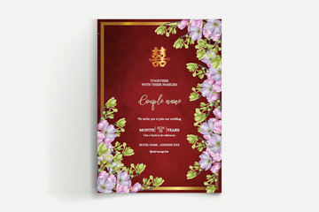 WEDDING INVITATION FRAME WITH FLOWER DECORATIONS AND FRESH LEAVES