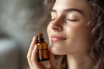 Fototapeta premium Close up portrait of a beautiful woman with closed eyes holding an essential oil bottle and enjoying the aroma