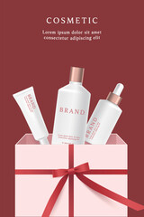 Cosmetic product ads template on red background with gift box and ribbon.
