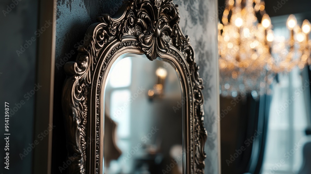 Poster a decorative mirror with an ornate frame reflecting a chandelier, adding a touch of glamour and soph