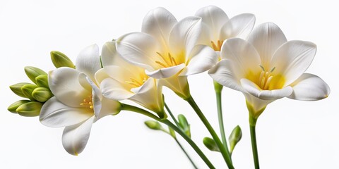 Delicate, trumpet-shaped freesia blooms with pure white petals and yellow centers isolated on a clean white background, exuding simplicity and elegance.