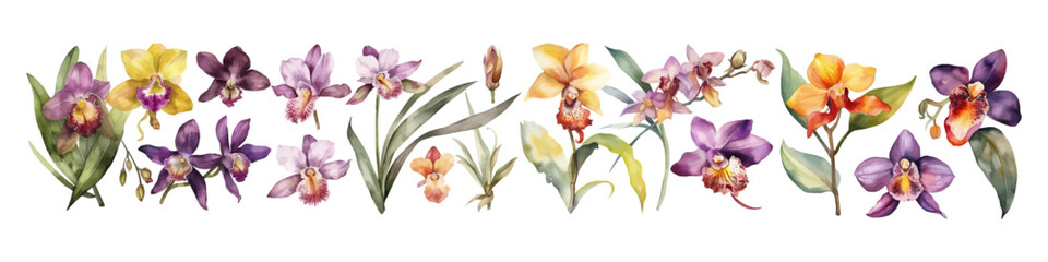Watercolor orchids illustration. Flower collection.