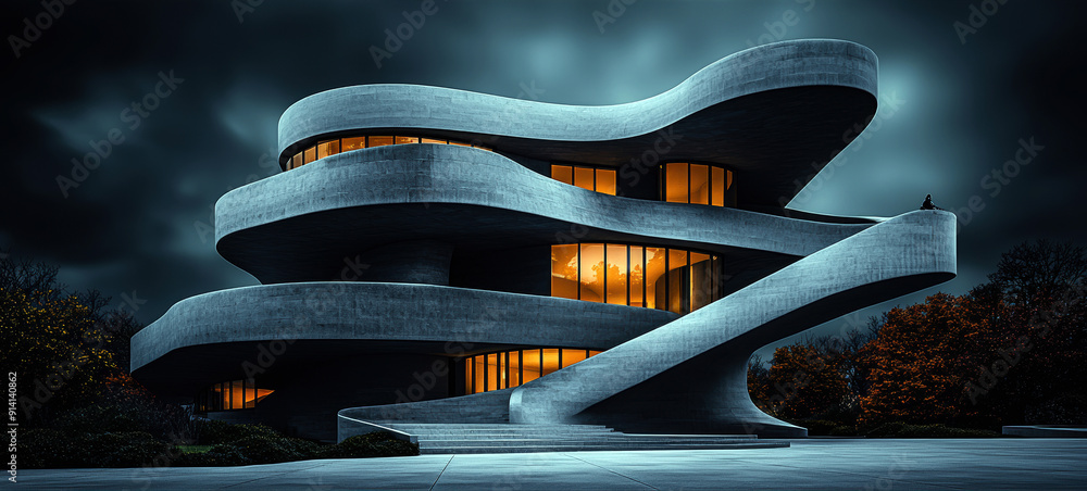 Poster a large building with a lot of windows and a staircase. the building is lit up at night, giving it a