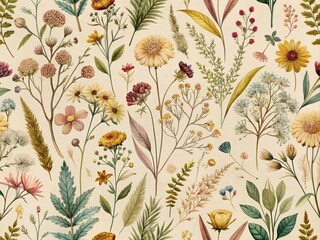 Whimsical seamless pattern featuring delicate ethereal wildflowers, leaves, and vintage dry pressed botanicals on a soft natural background, perfect for cloth, textile, and wallpaper designs.