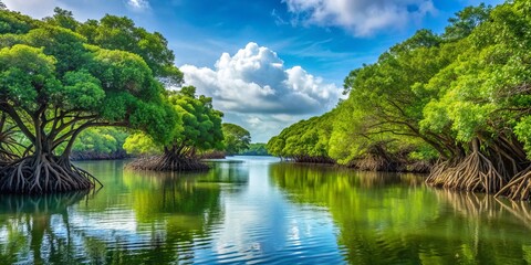 Fototapeta premium Vibrant green mangrove forest surrounds a serene Bentota Ganga River Lake in Sri Lanka's Southern Province, with lush foliage and twisted roots framing the tranquil waterway.