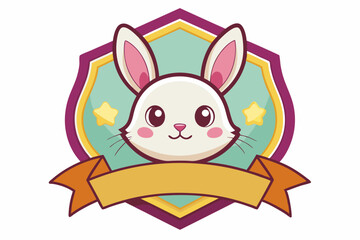 Cute Cartoon Rabbit with Stars and Banner Inside a Shield