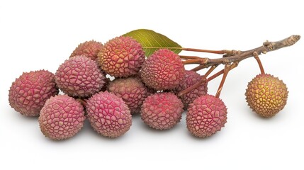 A fresh bunch of lychees, with their rough red skin, on a white background, evoking exotic flavors.